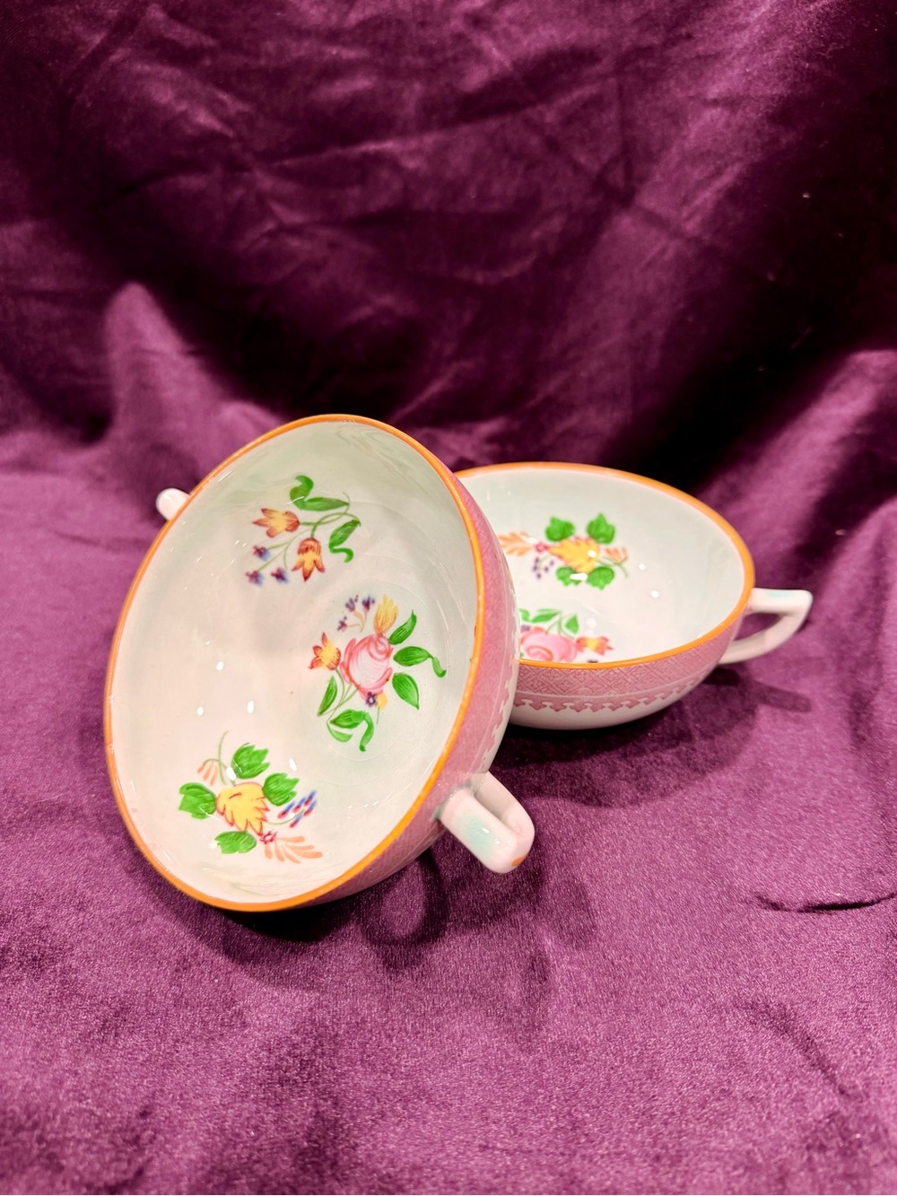 Decorative Floral Double-Handled Soup Bowl - Pink Trim